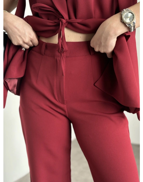 Sıfır kol belden bağlamalı kumaş takım bordo