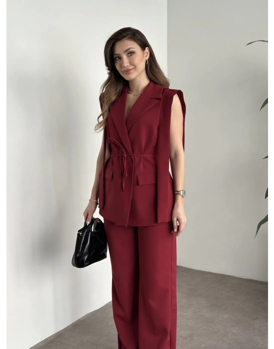 Sıfır kol belden bağlamalı kumaş takım bordo