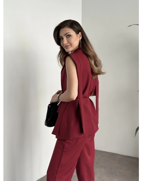 Sıfır kol belden bağlamalı kumaş takım bordo