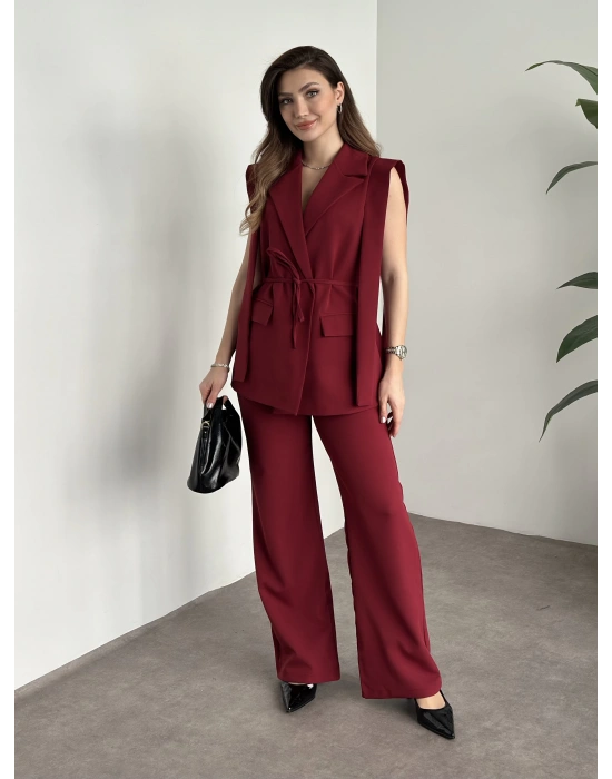 Sıfır kol belden bağlamalı kumaş takım bordo