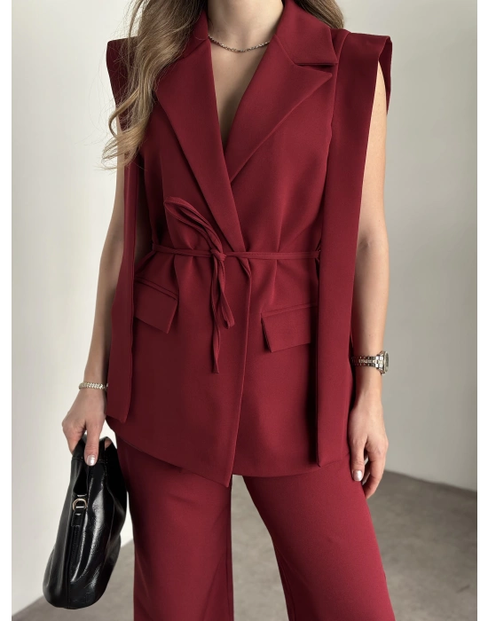 Sıfır kol belden bağlamalı kumaş takım bordo