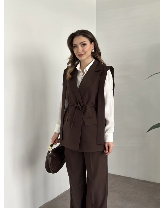 Sıfır kol belden bağlamalı kumaş takım kahve