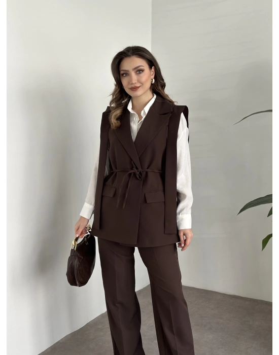 Sıfır kol belden bağlamalı kumaş takım kahve