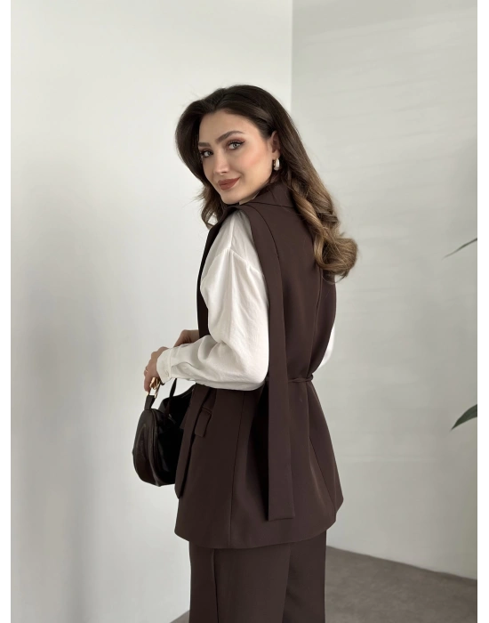 Sıfır kol belden bağlamalı kumaş takım kahve