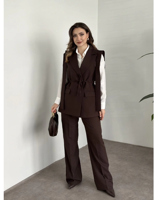 Sıfır kol belden bağlamalı kumaş takım kahve