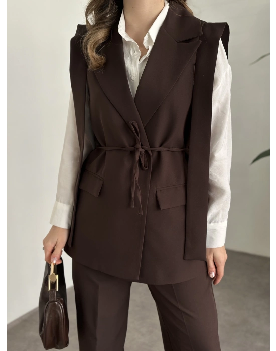 Sıfır kol belden bağlamalı kumaş takım kahve