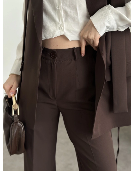 Sıfır kol belden bağlamalı kumaş takım kahve