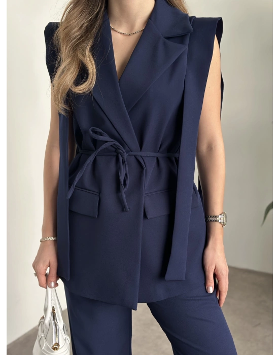 Sıfır kol belden bağlamalı kumaş takım lacivert
