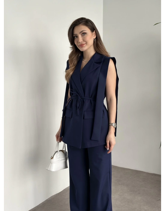 Sıfır kol belden bağlamalı kumaş takım lacivert