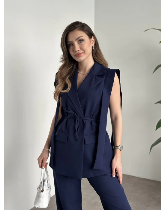 Sıfır kol belden bağlamalı kumaş takım lacivert
