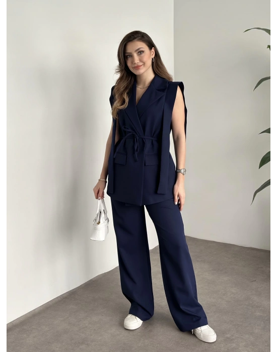 Sıfır kol belden bağlamalı kumaş takım lacivert