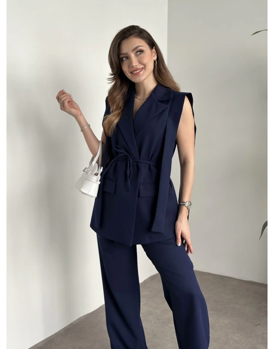 Sıfır kol belden bağlamalı kumaş takım lacivert