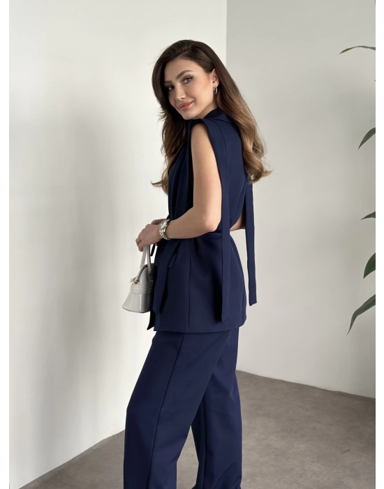 Sıfır kol belden bağlamalı kumaş takım lacivert