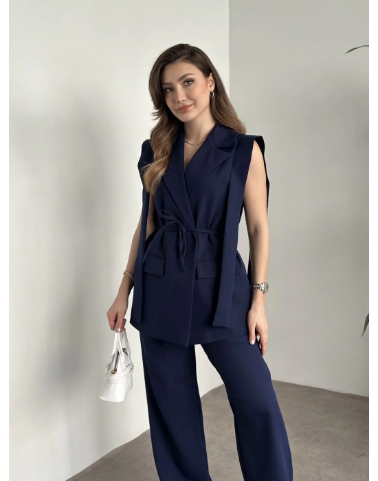 Sıfır kol belden bağlamalı kumaş takım lacivert