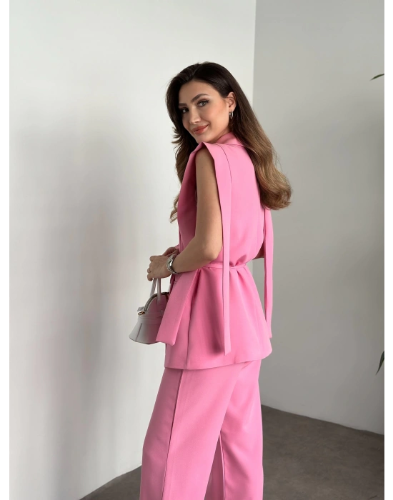Sıfır kol belden bağlamalı kumaş takım pembe