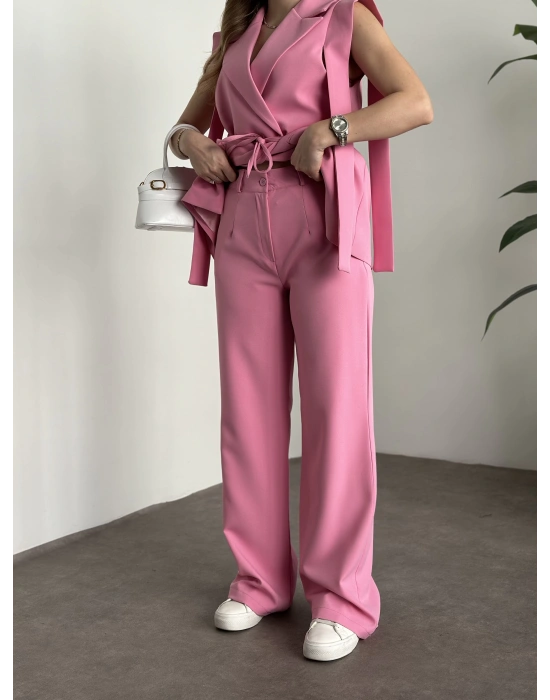 Sıfır kol belden bağlamalı kumaş takım pembe