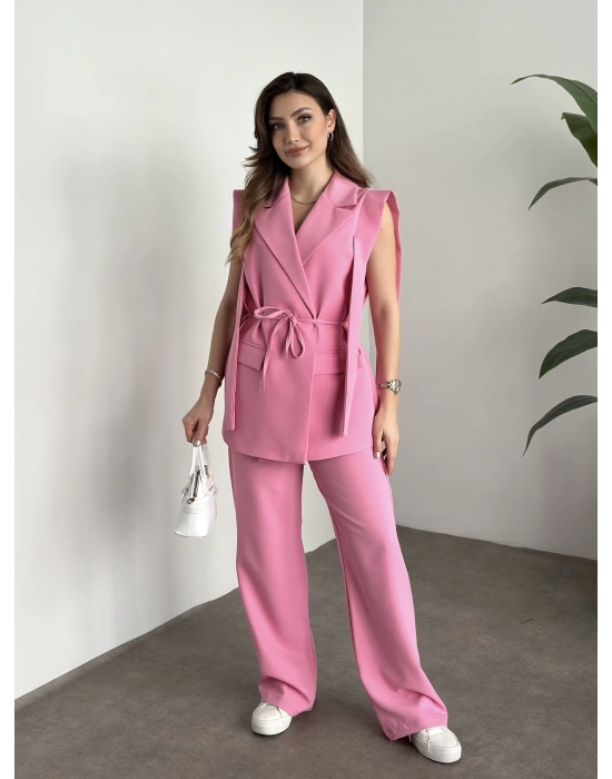 Sıfır kol belden bağlamalı kumaş takım pembe