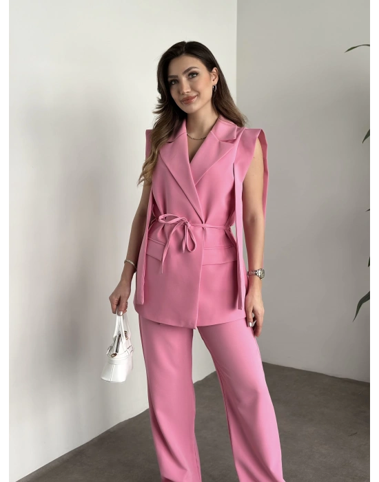 Sıfır kol belden bağlamalı kumaş takım pembe