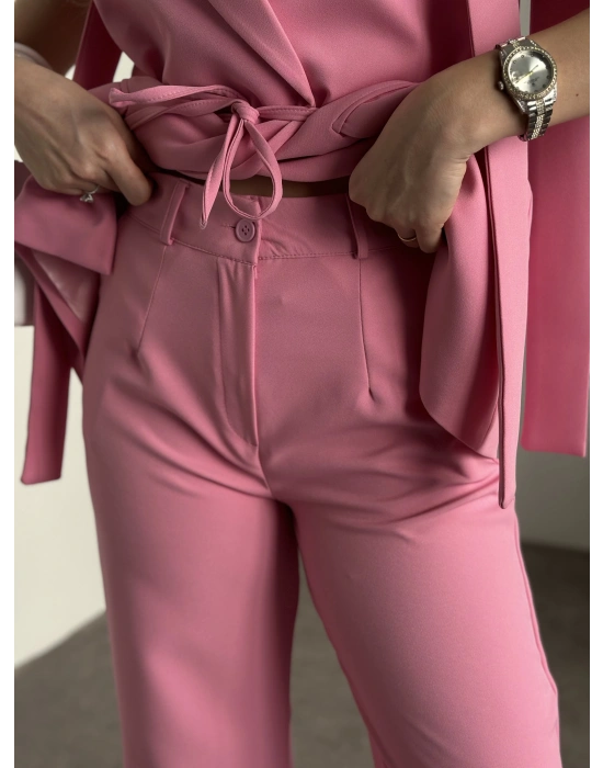 Sıfır kol belden bağlamalı kumaş takım pembe