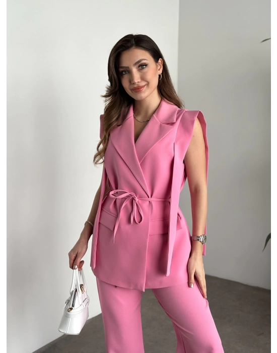 Sıfır kol belden bağlamalı kumaş takım pembe