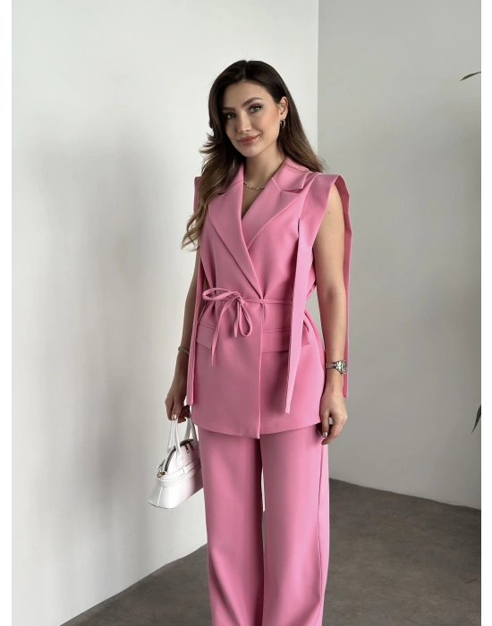 Sıfır kol belden bağlamalı kumaş takım pembe