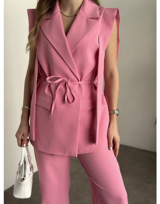 Sıfır kol belden bağlamalı kumaş takım pembe