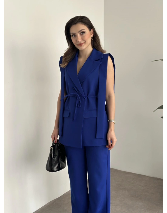 Sıfır kol belden bağlamalı kumaş takım saks mavisi