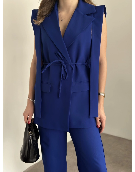 Sıfır kol belden bağlamalı kumaş takım saks mavisi