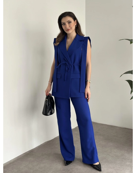 Sıfır kol belden bağlamalı kumaş takım saks mavisi