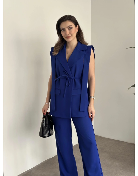 Sıfır kol belden bağlamalı kumaş takım saks mavisi