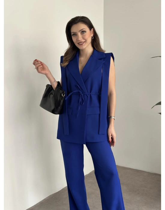 Sıfır kol belden bağlamalı kumaş takım saks mavisi