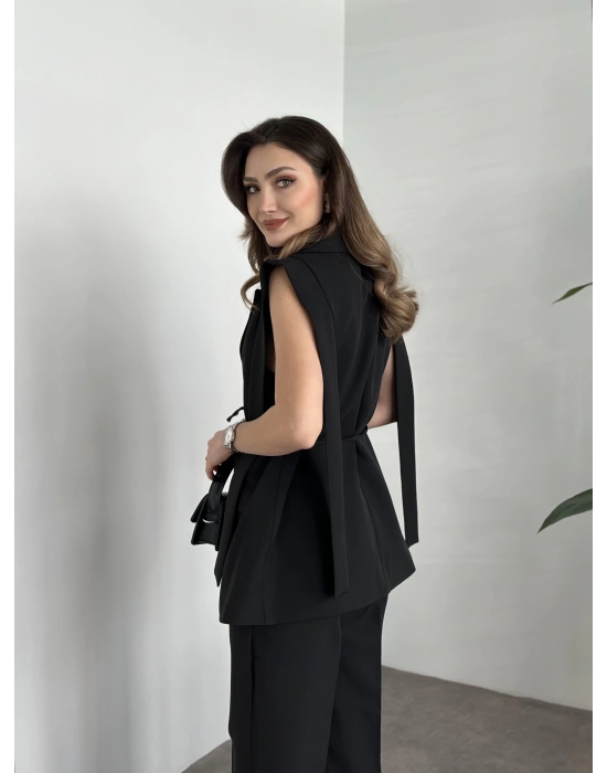 Sıfır kol belden bağlamalı kumaş takım siyah