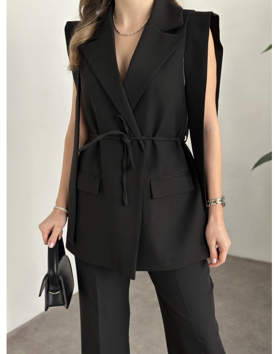 Sıfır kol belden bağlamalı kumaş takım siyah