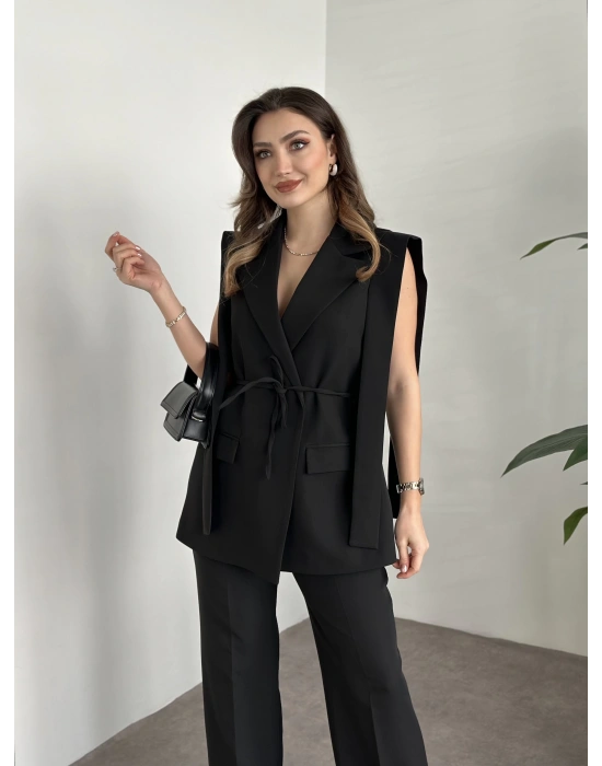 Sıfır kol belden bağlamalı kumaş takım siyah