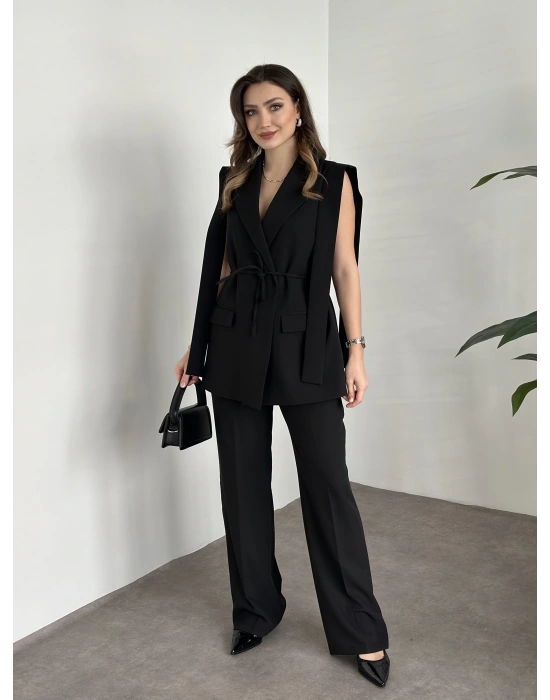 Sıfır kol belden bağlamalı kumaş takım siyah