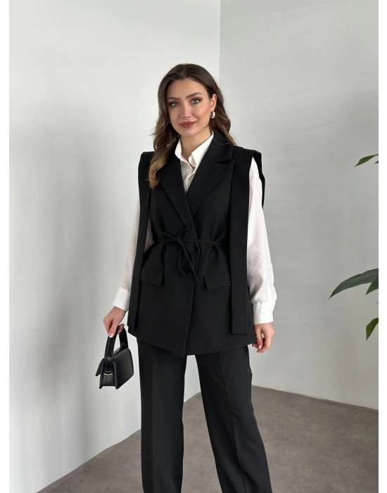 Sıfır kol belden bağlamalı kumaş takım siyah