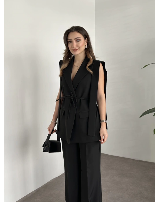 Sıfır kol belden bağlamalı kumaş takım siyah