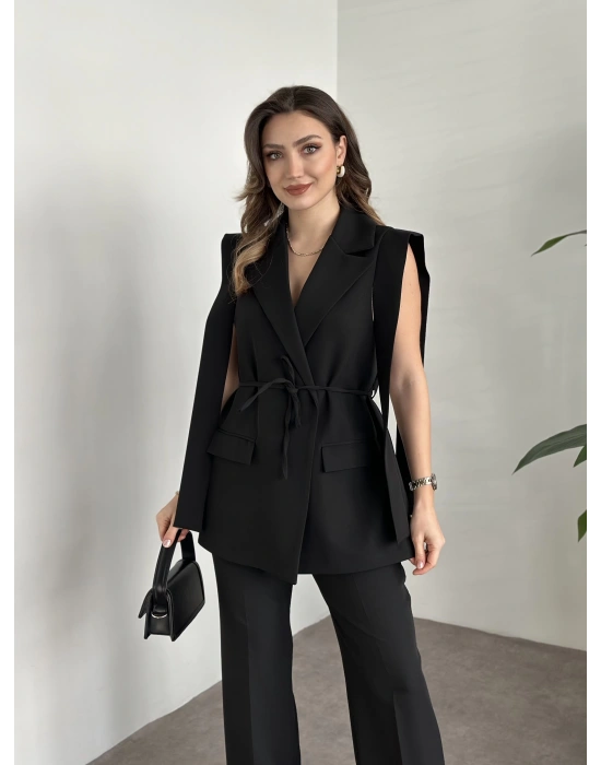 Sıfır kol belden bağlamalı kumaş takım siyah
