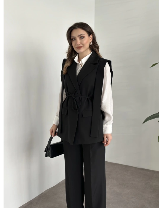 Sıfır kol belden bağlamalı kumaş takım siyah