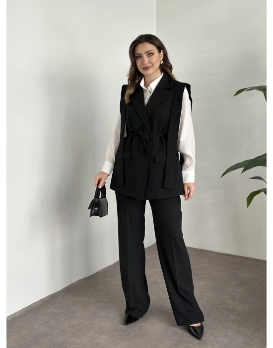 Sıfır kol belden bağlamalı kumaş takım siyah