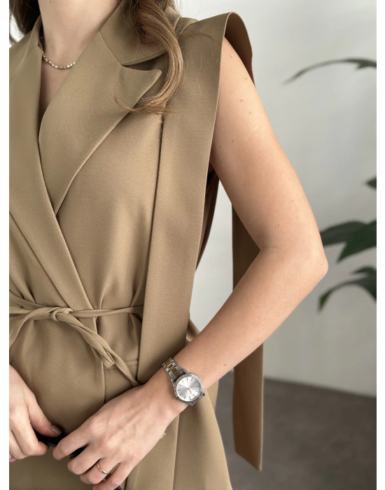 Sıfır kol belden bağlamalı kumaş takım yeşil