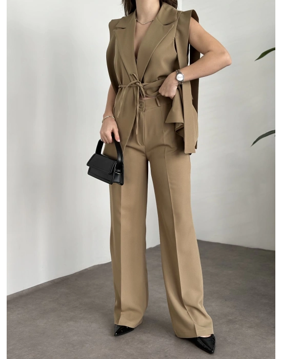 Sıfır kol belden bağlamalı kumaş takım yeşil