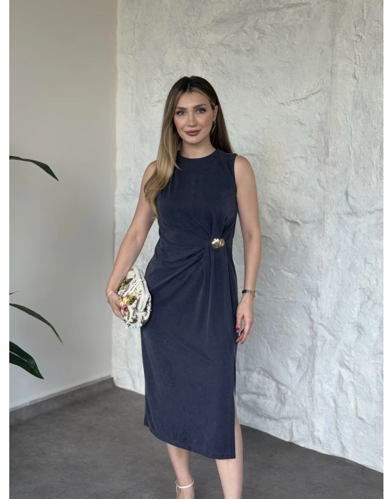 Sıfır kol beli drape toka detaylı yırtmaçlı elbise lacivert