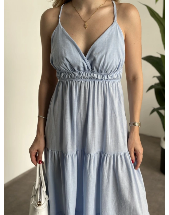 Sırt dekolteli askılı keten elbise bebek mavisi