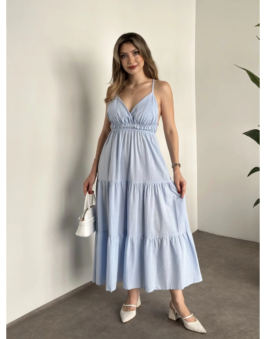 Sırt dekolteli askılı keten elbise bebek mavisi