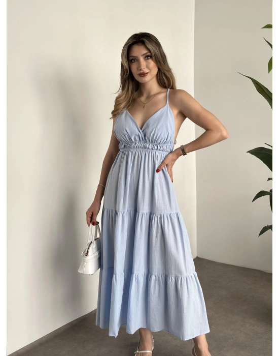 Sırt dekolteli askılı keten elbise bebek mavisi