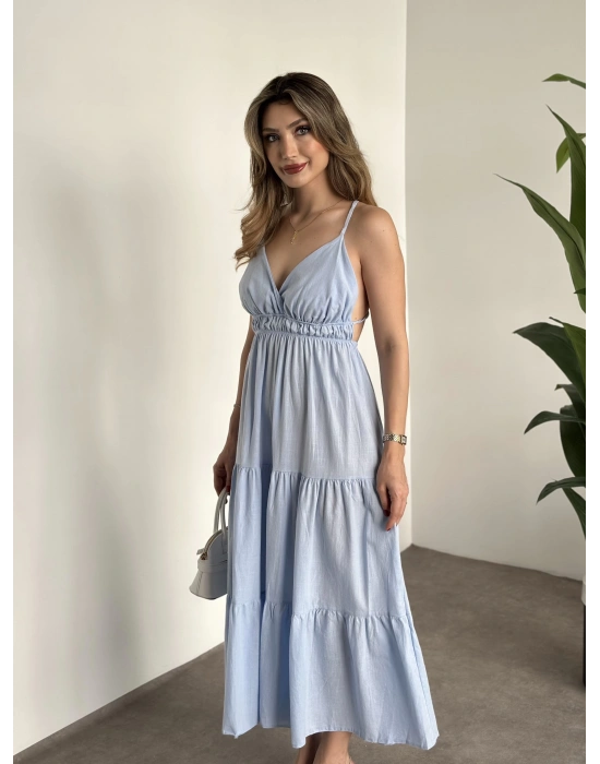 Sırt dekolteli askılı keten elbise bebek mavisi