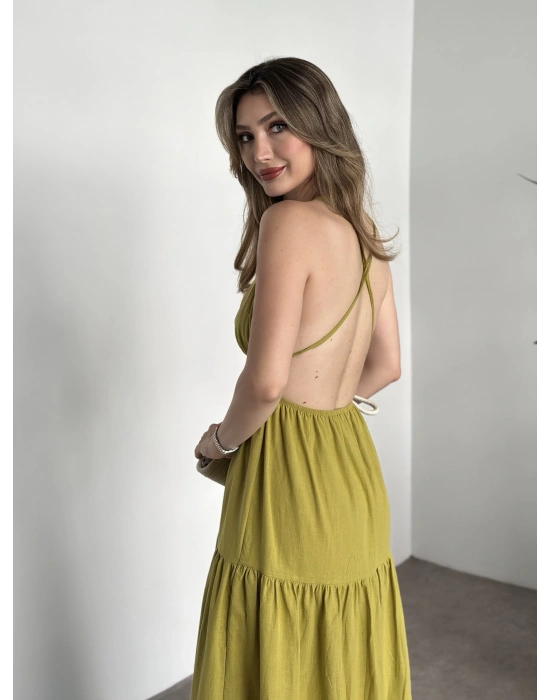 Sırt dekolteli askılı keten elbise yağ yeşili