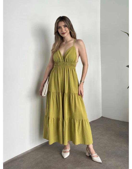 Sırt dekolteli askılı keten elbise yağ yeşili