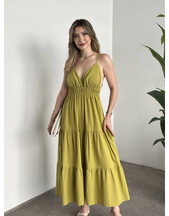 Sırt dekolteli askılı keten elbise yağ yeşili